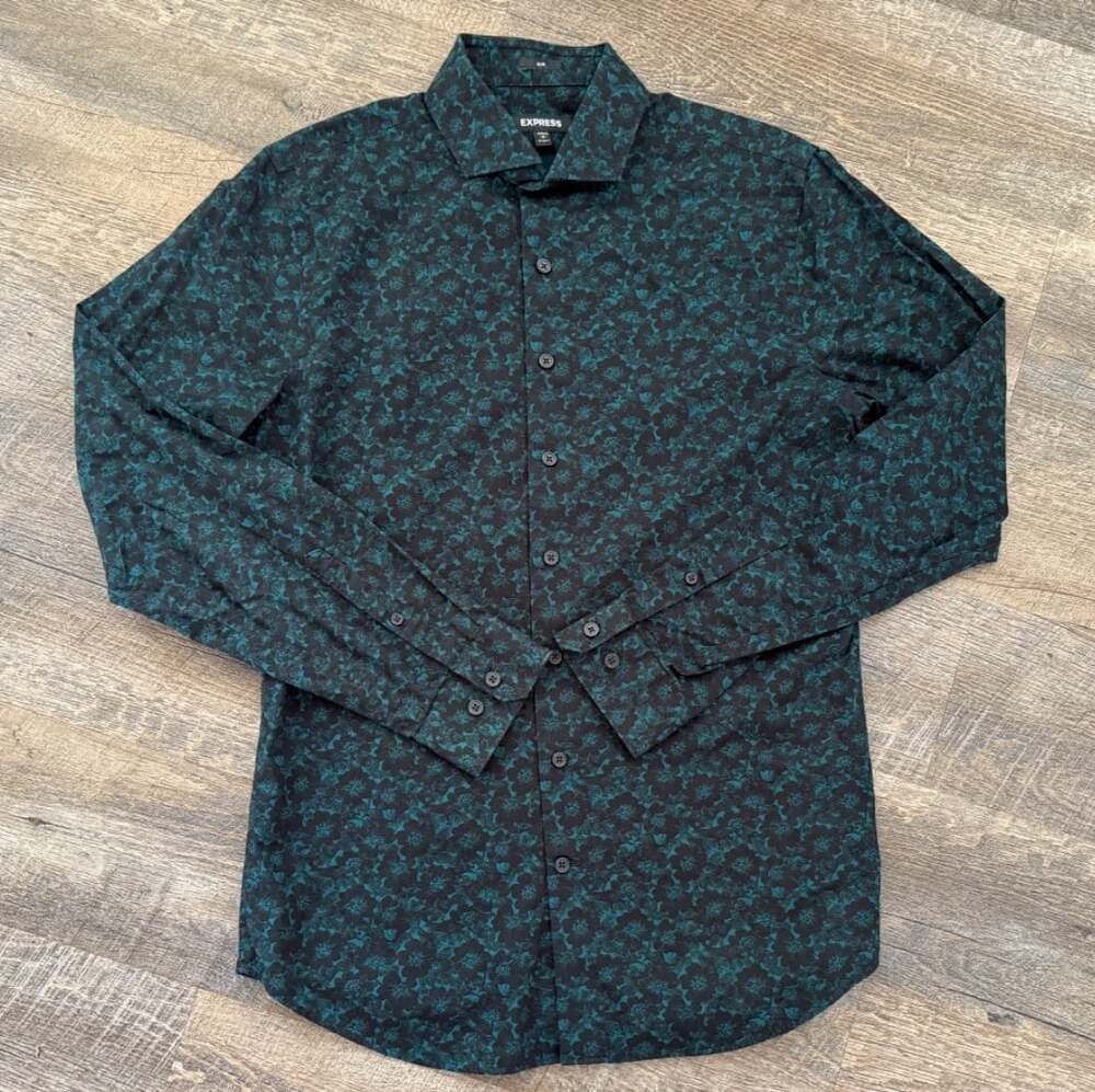 Express Mens Slim Dress Shirt Long Sleeve 100% Cotton Dark Green Black Floral S